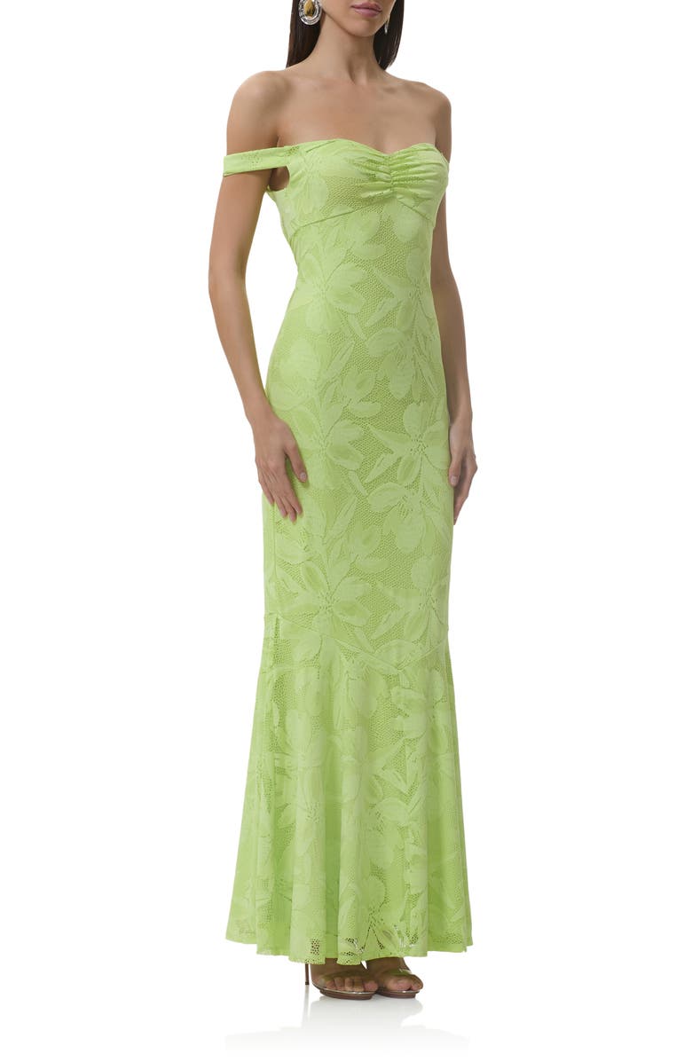 AFRM Morgan Floral Mesh Off the Shoulder Dress, Alternate, color, Lime Essence