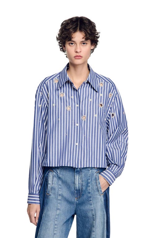 Sandro Womens Bleus Striped Rhinestone-embellished Cotton Shirt In Blue