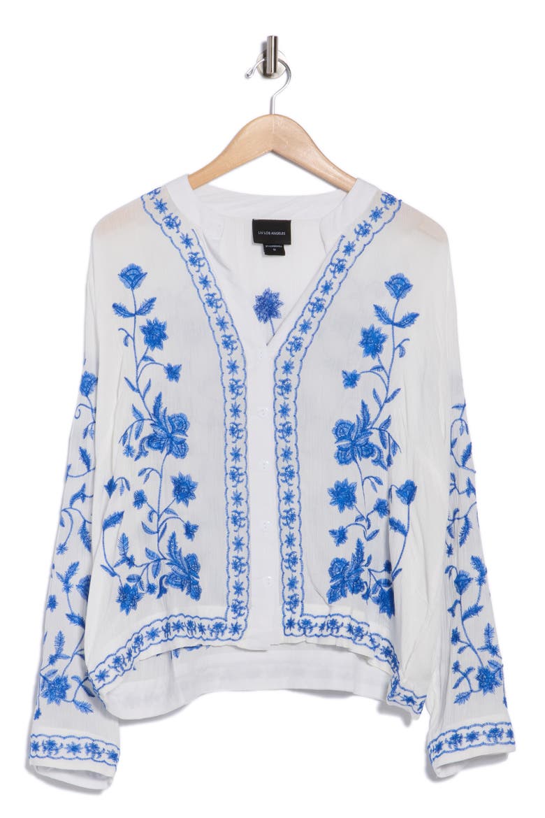 Embroidered Long Sleeve Button-Up Shirt, Alternate, color, WHITE/ ROYAL