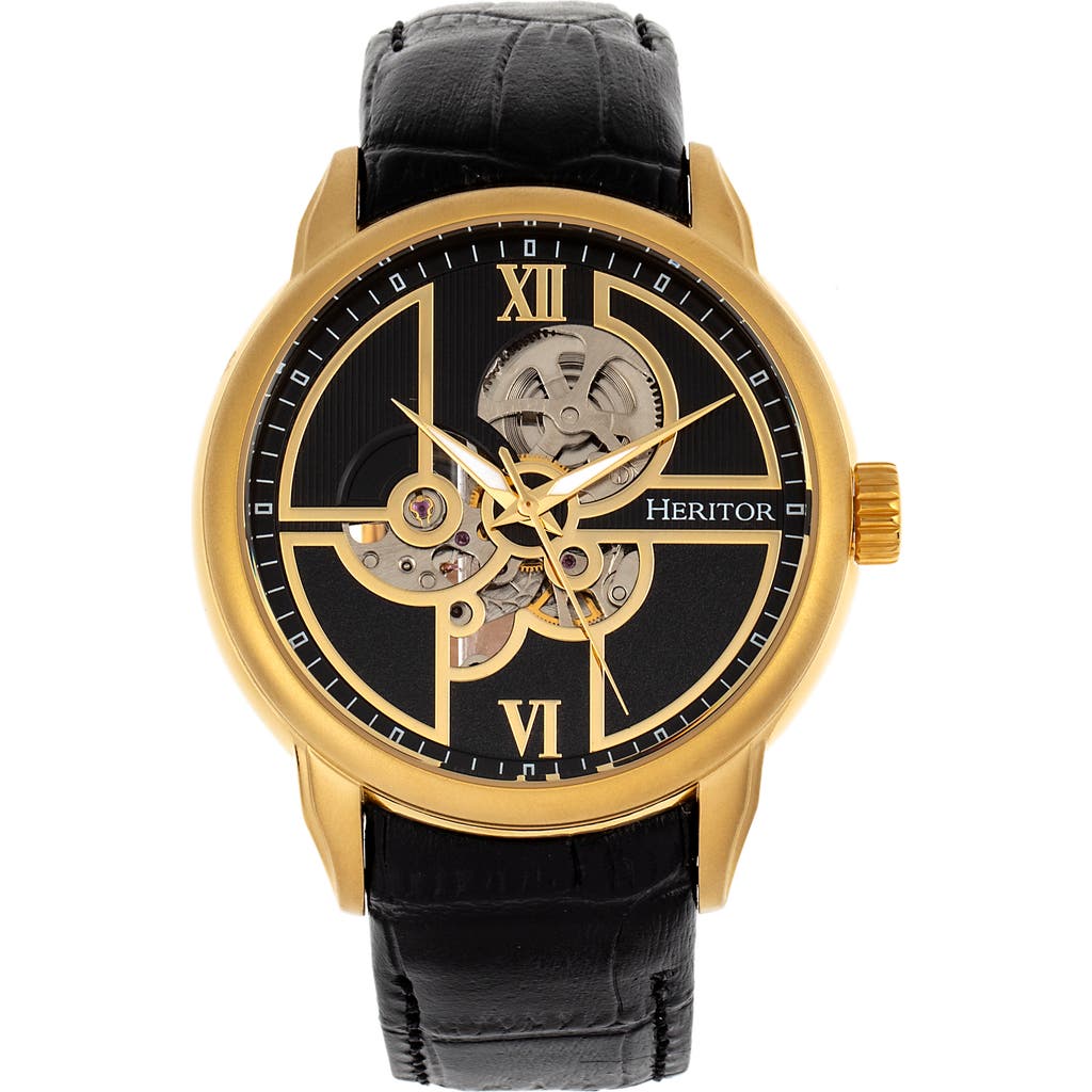 Heritor Automatic Sanford Semi-skeleton Leather-band Watch In Black