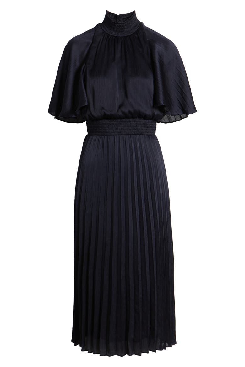 Flutter Sleeve Pleated Midi Dress, Alternate, color, NAVY
