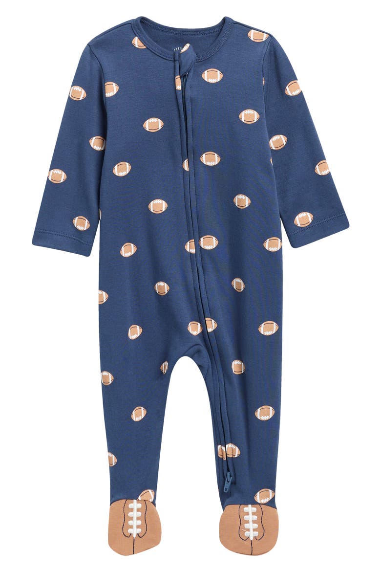 Football Print Zip Cotton Footie (Nordstrom Exclusive), Main, color, BLUE