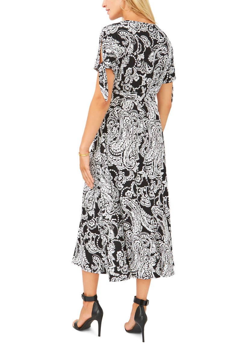 Print Tie Waist Split Sleeve Midi Dress, Alternate, color, BLACK/ WHITE