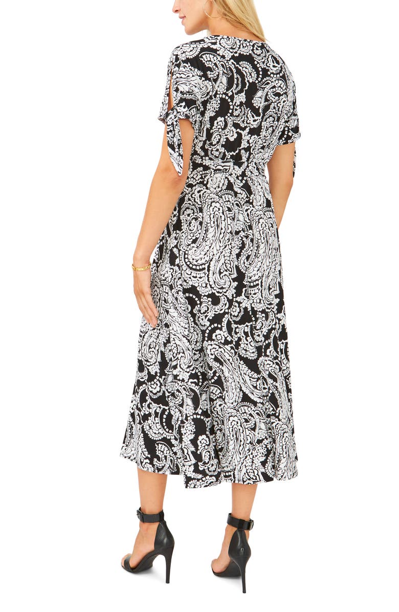 Chaus Print Tie Waist Split Sleeve Midi Dress, Alternate, color, Black/ White