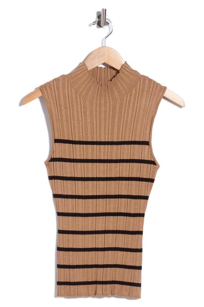 Mock Neck Sleeveless Ribbed Sweater, Alternate, color, CARAMEL/ BLACK