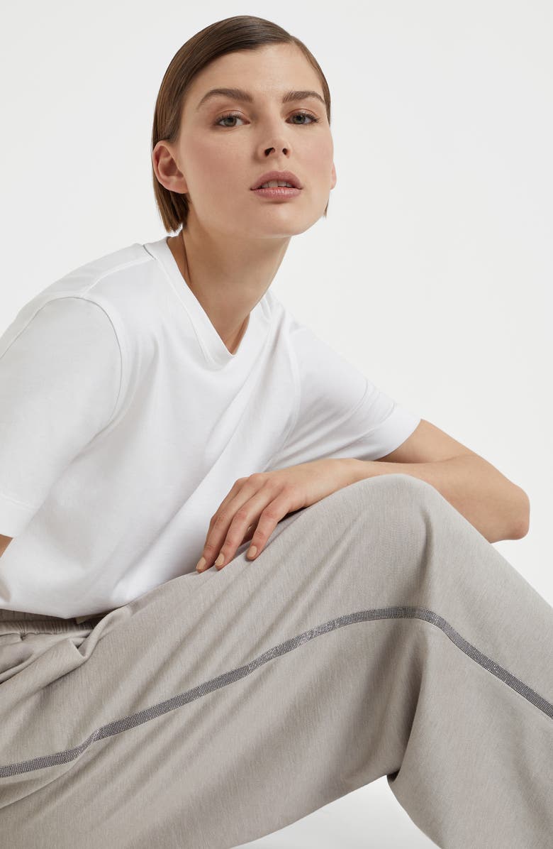 Brunello Cucinelli Comfort cotton and silk interlock wide trousers with precious stripe, Alternate, color, 