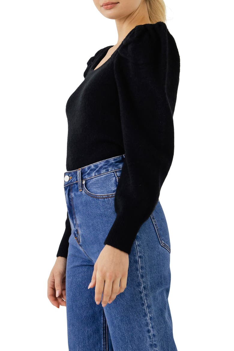 Puff Sleeve Square Neck Sweater, Alternate, color, BLACK