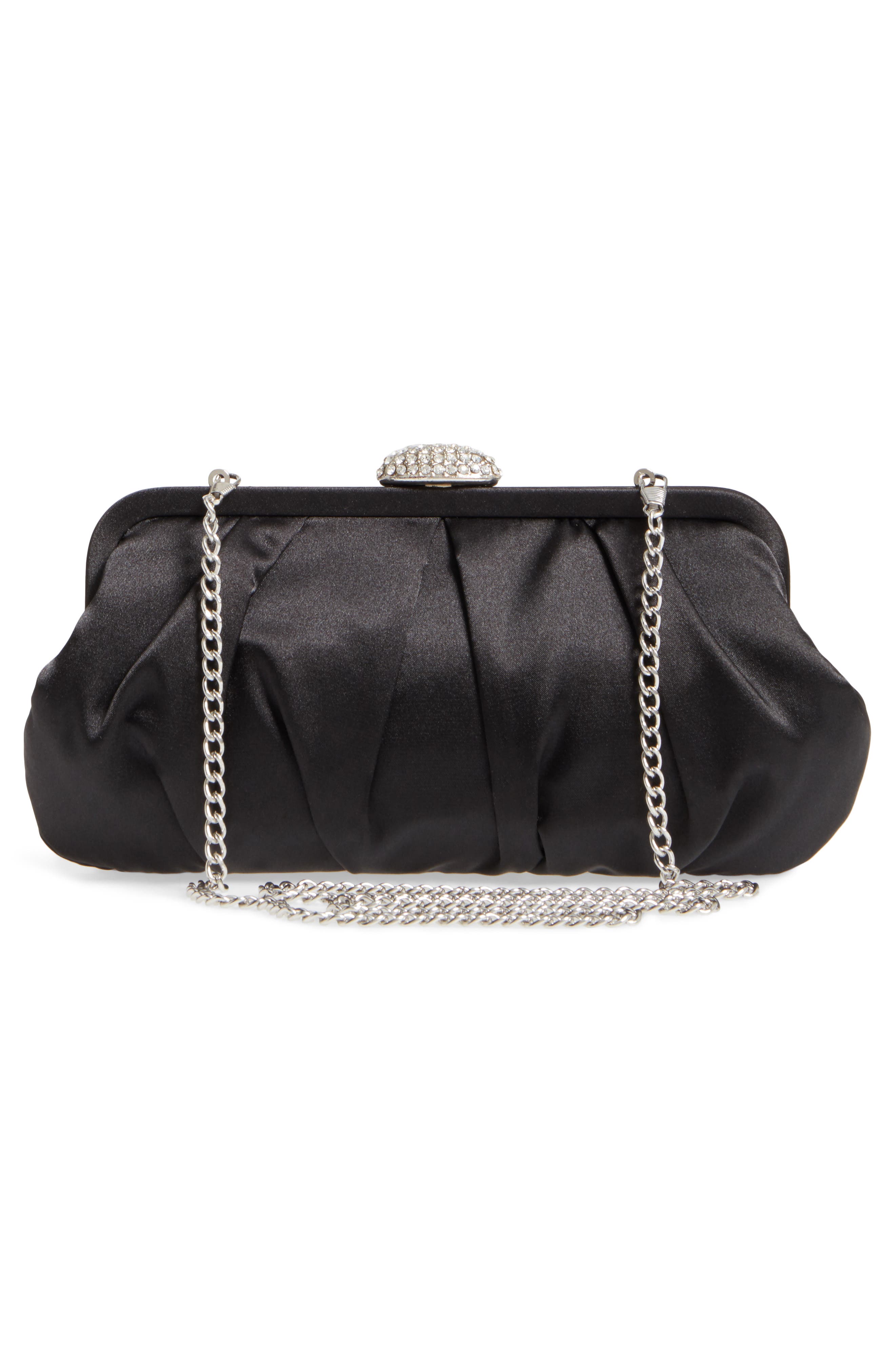 Nina Concord Pleated Satin Frame Clutch, Alternate, color, Black