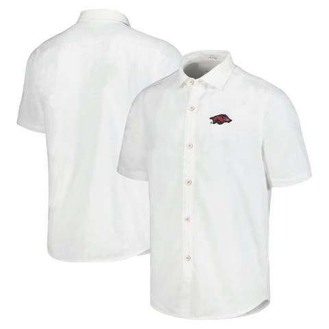 Men's Tommy Bahama White Arkansas Razorbacks Coconut Point Palm Vista IslandZone Camp Button-Up Shirt