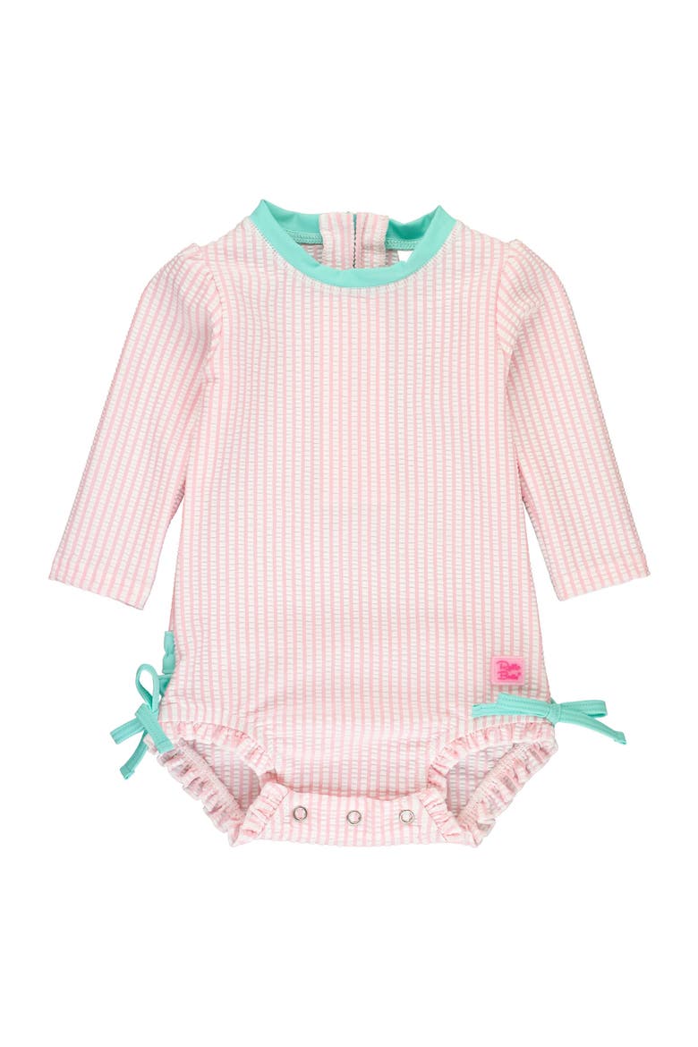 Girls Seersucker Long Sleeve UPF50+ One Piece Rash Guard, Main, color, Pink Seersucker