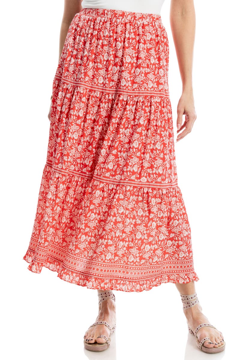 MAX STUDIO Floral Wreath Print Tiered Cotton Blend Maxi Skirt, Main, color, Washed Red Vintage Stencil