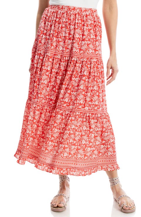 Floral Wreath Print Tiered Cotton Blend Maxi Skirt