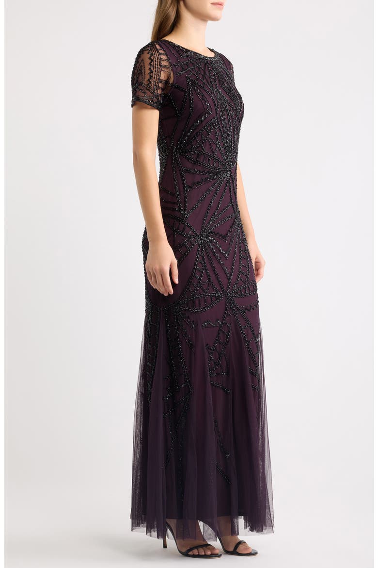 Beaded Short Sleeve Gown, Alternate, color, WINE