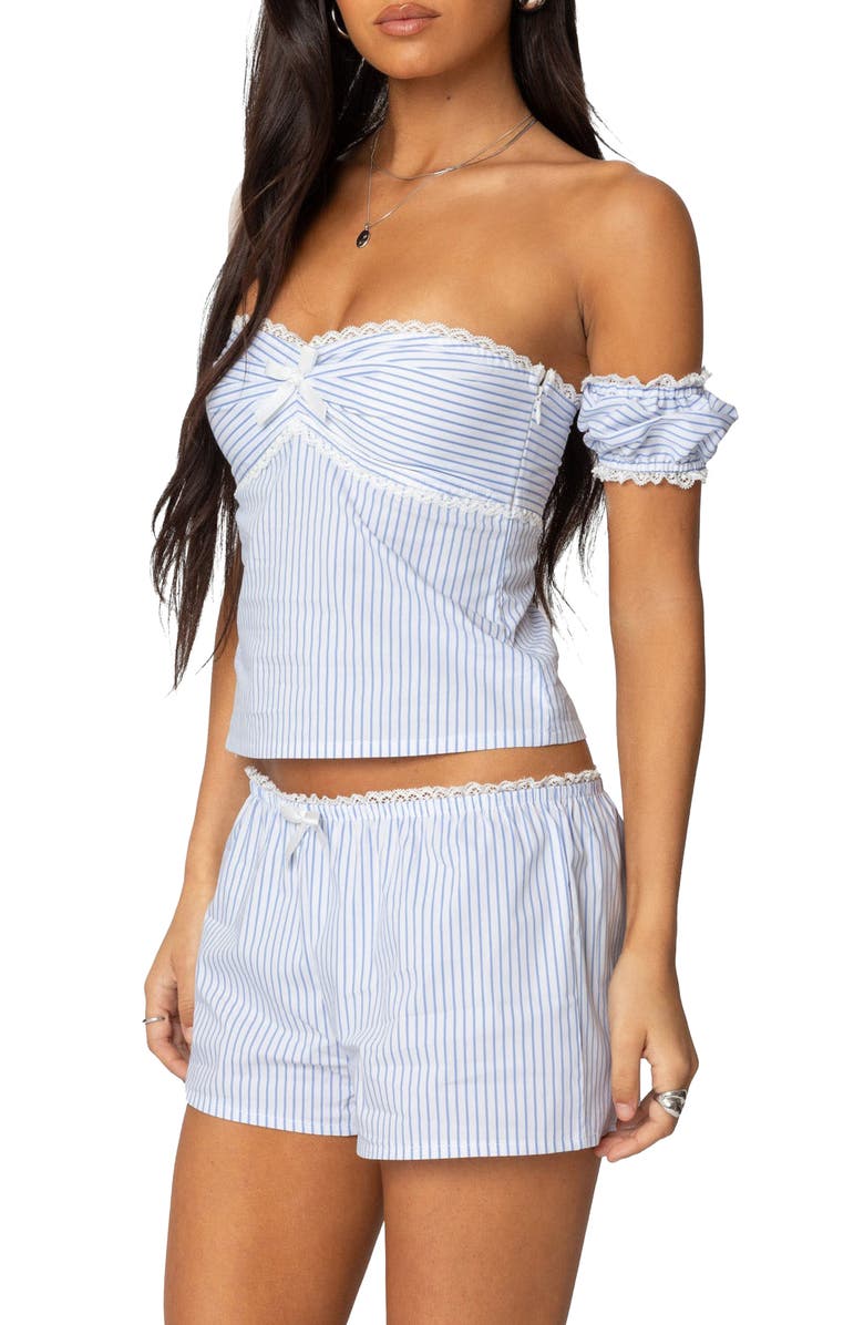 EDIKTED Taryn Stripe Off the Shoulder Top, Alternate, color, Light-Blue
