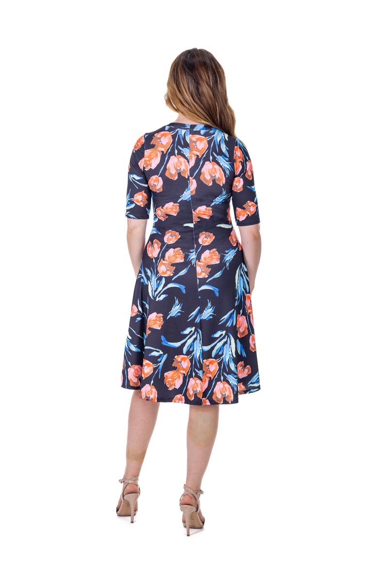 24seven Comfort Apparel Floral Print Elbow Sleeve Knee Length Dress, Alternate, color, Navy Multi