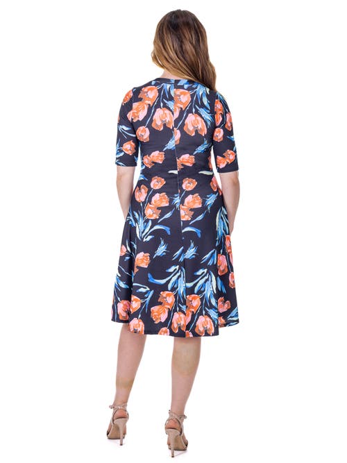 24seven Comfort Apparel Floral Print Elbow Sleeve Knee Length Dress In Multi