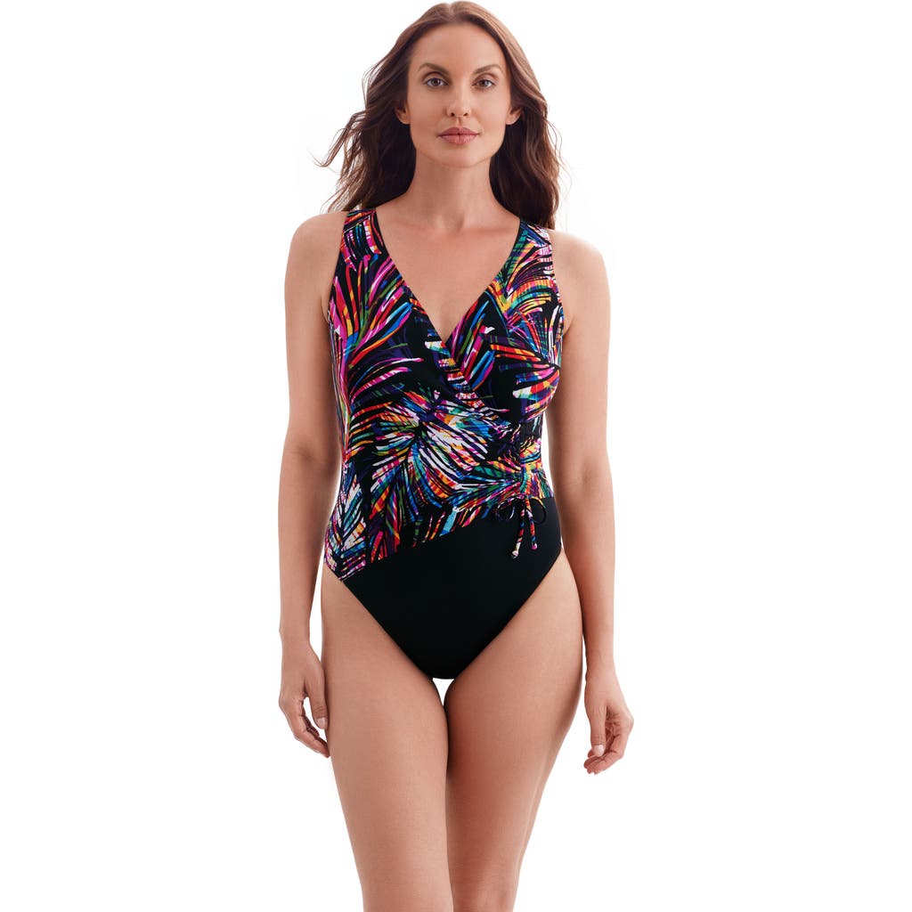 Longitude Shirred Faux Tie Surplice Long Torso Modern Leg One-piece Swimsuit In Black