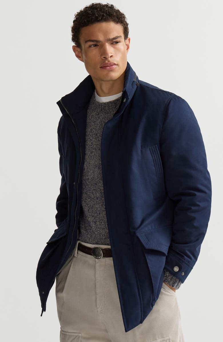 Brunello Cucinelli Water-resistant microfiber parka with Thermore<sup>®</sup> padding and packable hood, Alternate, color, Navy Blue
