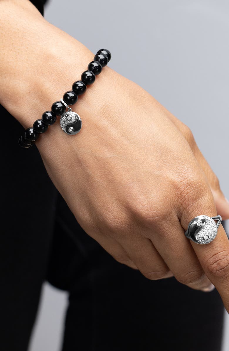 Sheryl Lowe Onyx 8MM Bead Bracelet With Diamond Yin Yang Charm, Alternate, color, Onyx / Sterling Silver