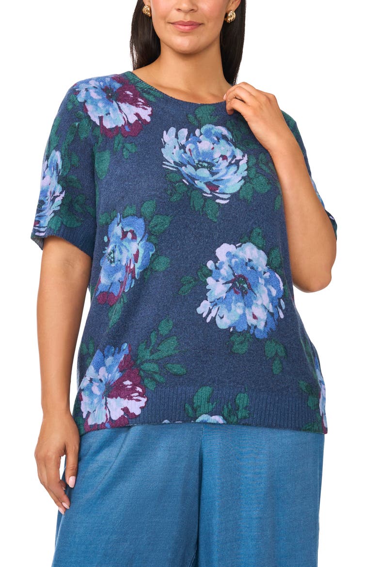 Floral Short Sleeve Crewneck Sweater, Alternate, color, INDIGO NIGHT