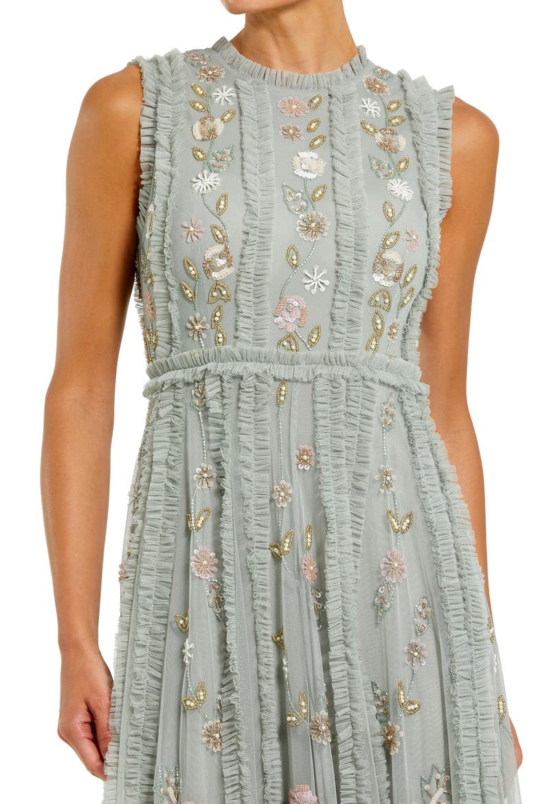 Petite Floral Embroidered Mesh A-Line Gown with Micro Ruffle Trim, Alternate, color, Sage Multi