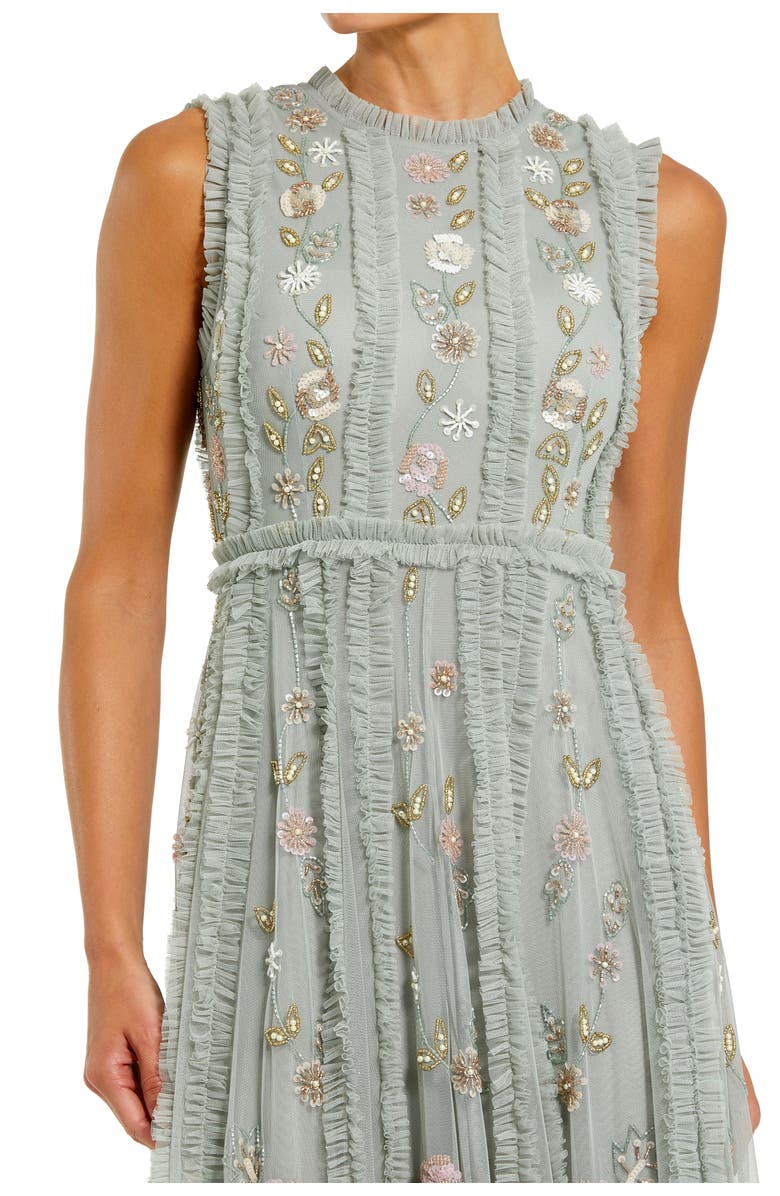 Mac Duggal Petite Floral Embroidered Mesh A-Line Gown with Micro Ruffle Trim, Alternate, color, Sage Multi