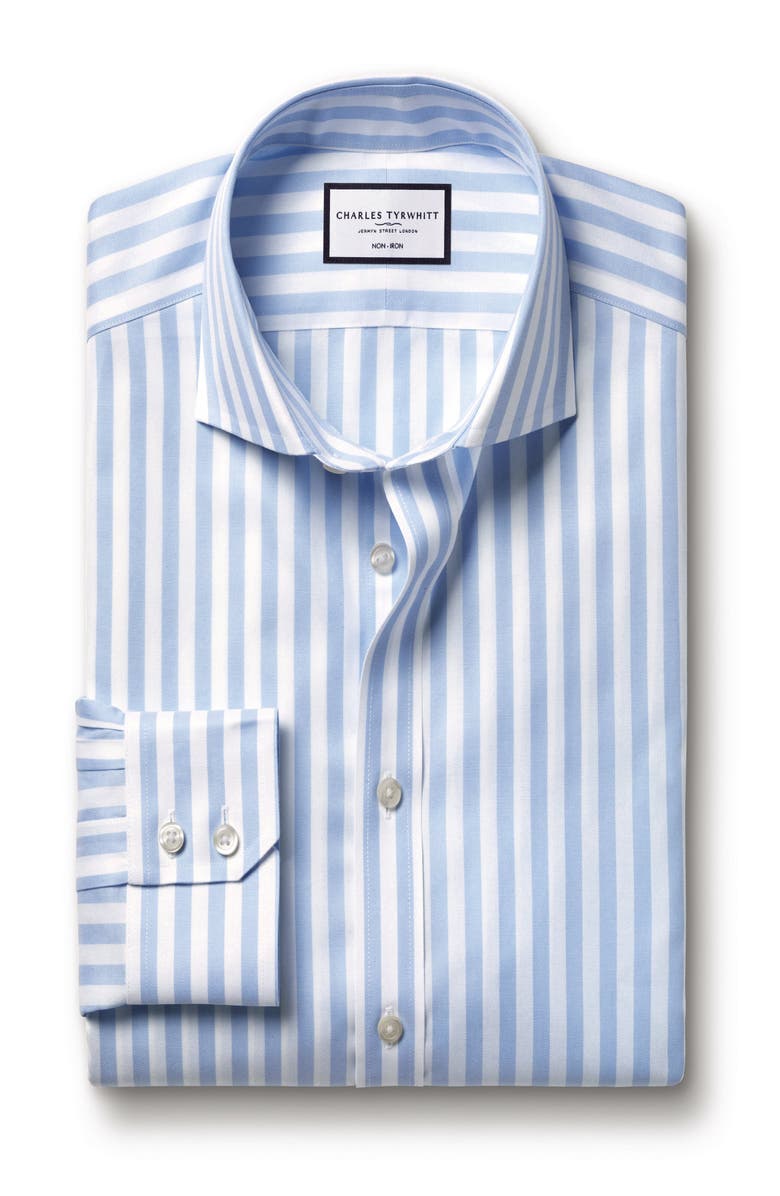 Charles Tyrwhitt Wide Stripe Non-Iron Twill Cutaway Slim Fit Shirt Single Cuff, Alternate, color, Sky Blue