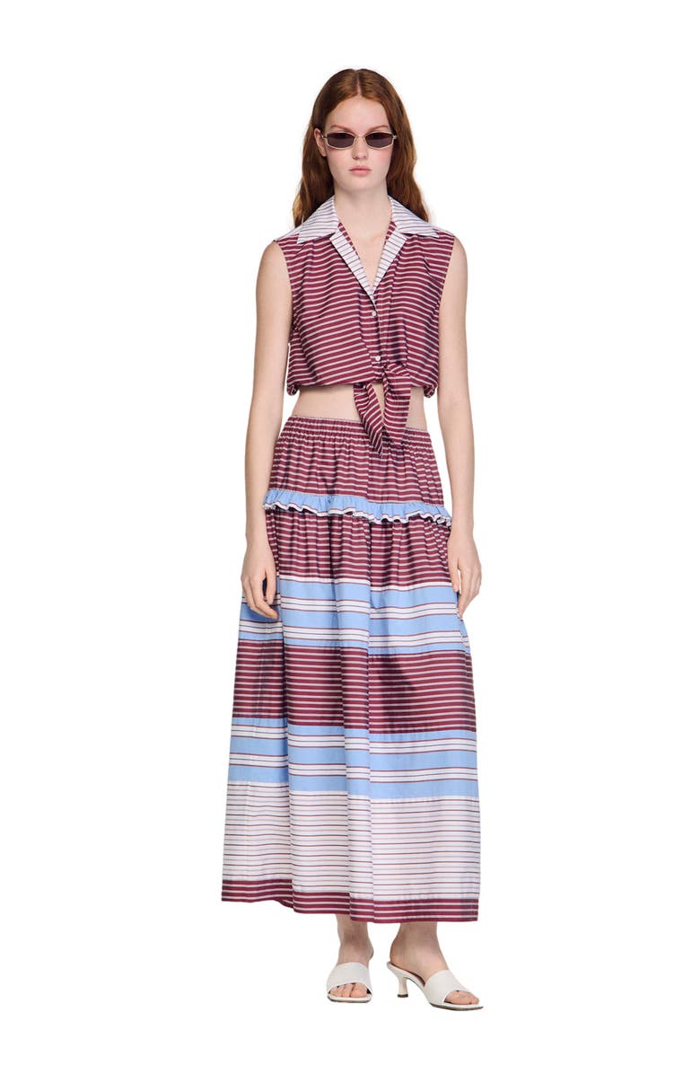 SANDRO Cropped striped cotton shirt, Alternate, color, Burgundy / White