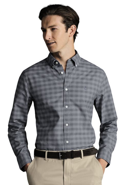 Slim Fit Button-Down Collar Washed Oxford Gingham Shirt