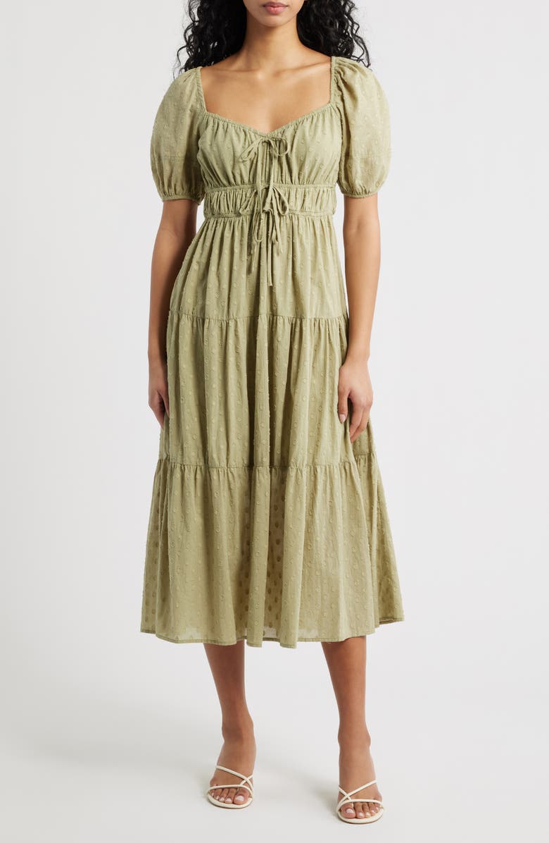 Blu Pepper Puff Sleeve Tiered Cotton Midi Dress, Main, color, Olive
