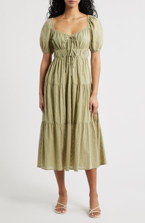 Puff Sleeve Tiered Cotton Midi Dress