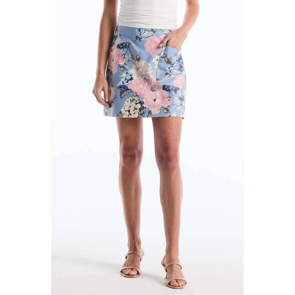 Laundry By Shelli Segal Floral Slant Pocket Faux Leather Miniskirt In Blue