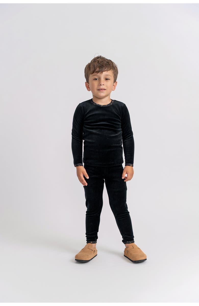 Seal Floral Neckline Long Sleeve Top & Elastic Waist Pants Velour 2 Piece Set, Alternate, color, Black