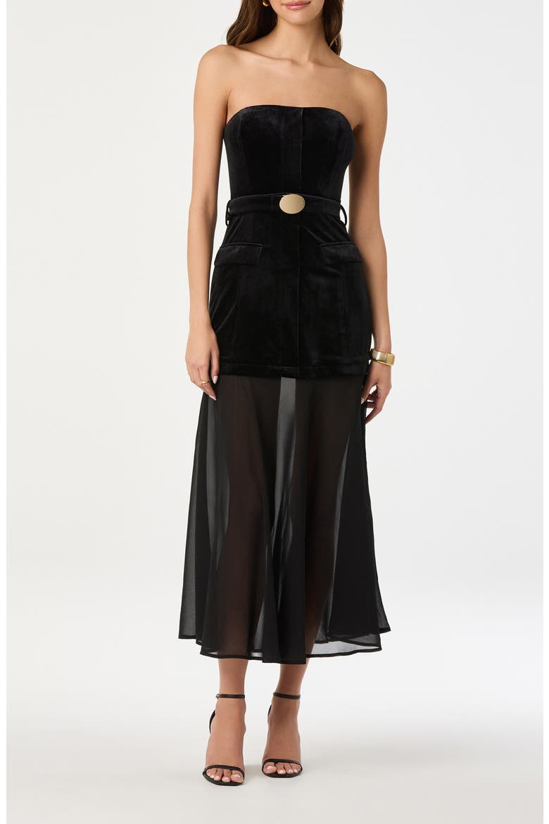 Strapless Belted Semisheer Velvet Midi Dress, Main, color, BLACK
