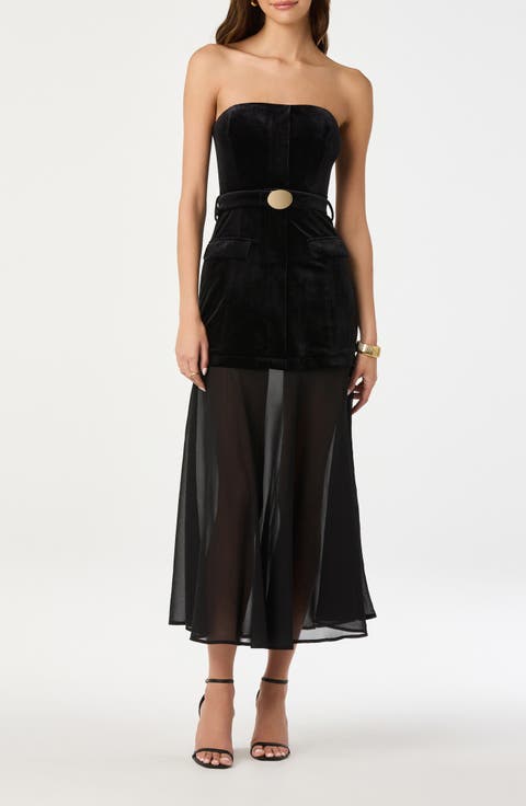 Strapless Belted Semisheer Velvet Midi Dress