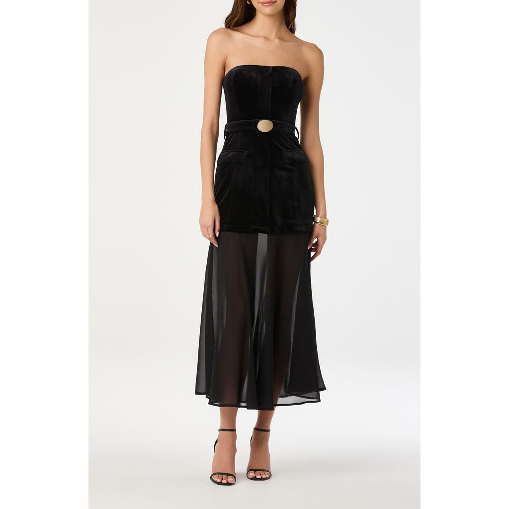 Astr The Label Strapless Belted Semisheer Velvet Midi Dress In Black