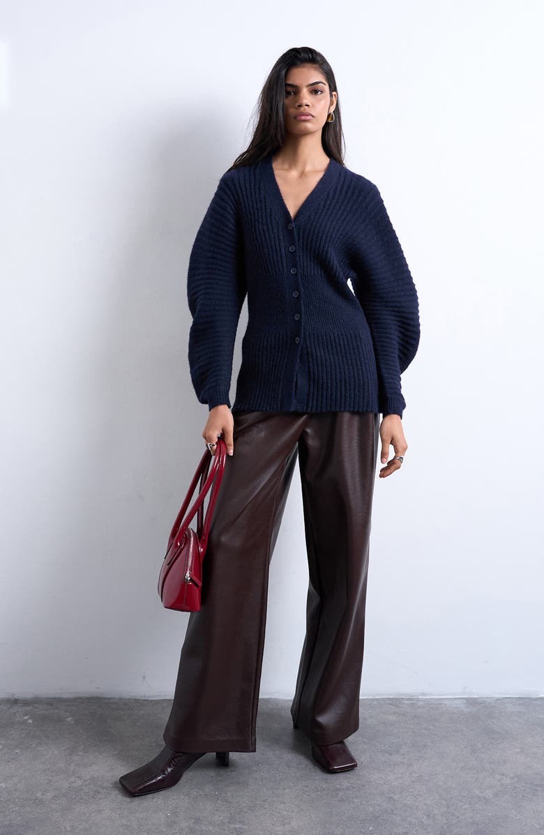 Topshop Ovoid Cinch Cardigan, Alternate, color, Navy