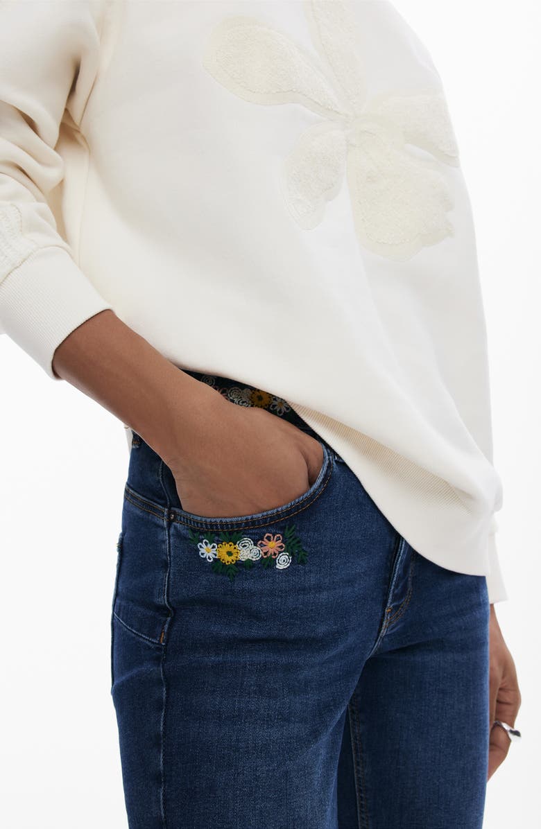 Desigual Floral Embroidered Slim Leg Jeans, Alternate, color, Dark Blue