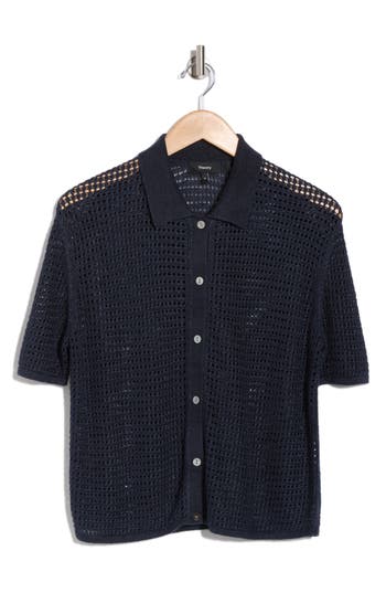 Theory Mesh Linen-blend Shirt In Nocturne Navy
