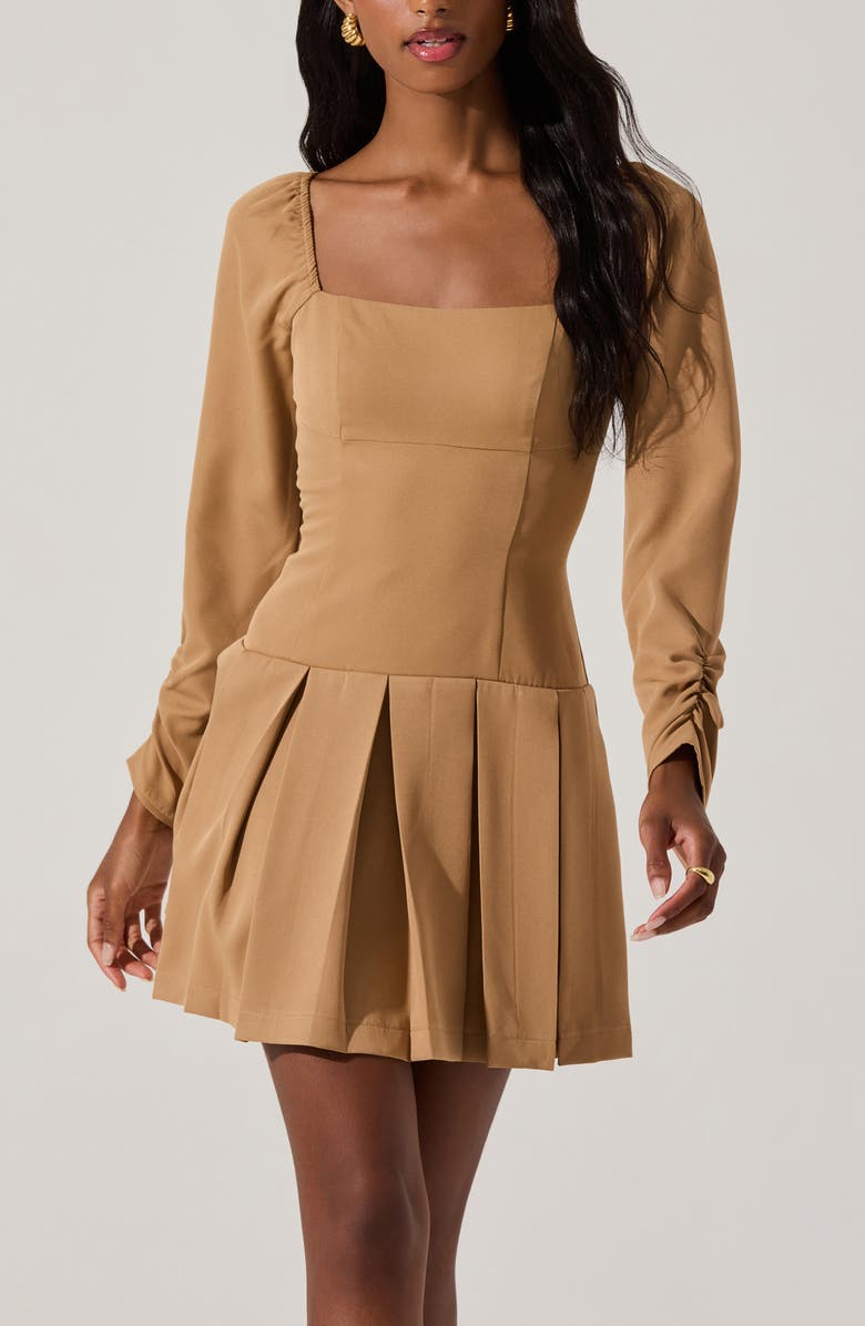 ASTR the Label Long Sleeve Pleated Minidress, Alternate, color, Tan