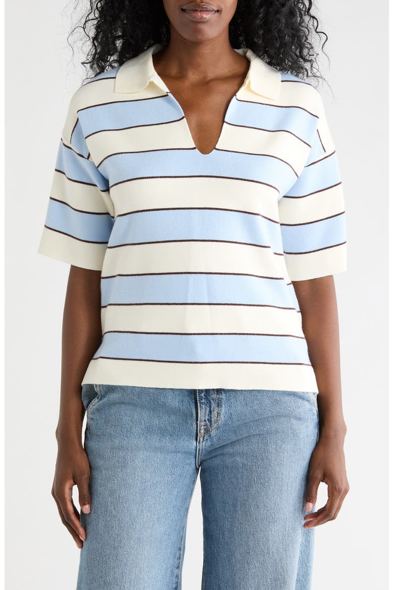 Stripe Short Sleeve Polo Sweater, Main, color, IVORY/ CHOCOLATE/ PASTEL BLUE