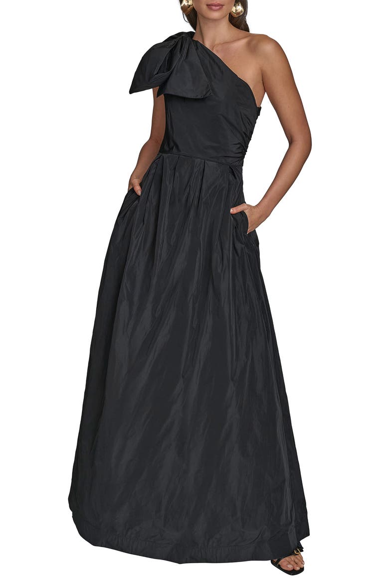 Bow One-Shoulder Gown, Main, color, BLACK