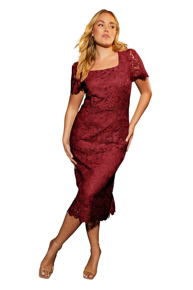 Square-Neck Lace Midi Dress, Main, color, ZINFANDEL