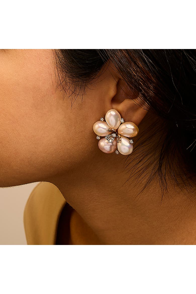 18K Rose Gold 3/8 Cttw Diamond and Freshwater Pearl Blossom Stud Earrings, Alternate, color, Pink
