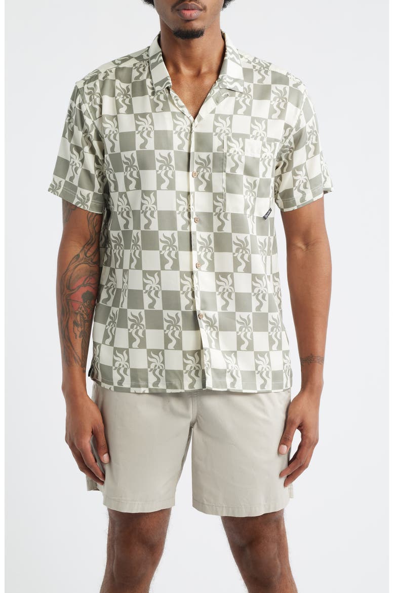 Print Short Sleeve Button-Up Camp Shirt, Main, color, OLIVE/ CREAM