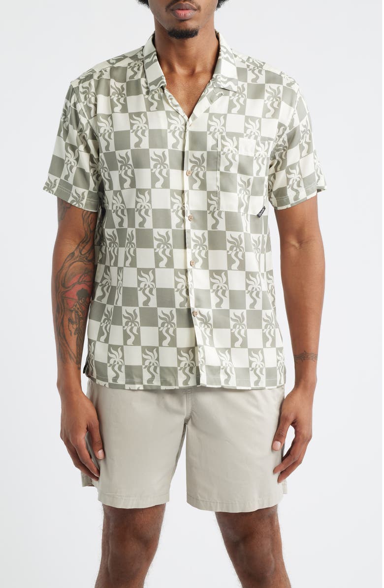 Boardies Print Short Sleeve Button-Up Camp Shirt, Main, color, Olive/ Cream