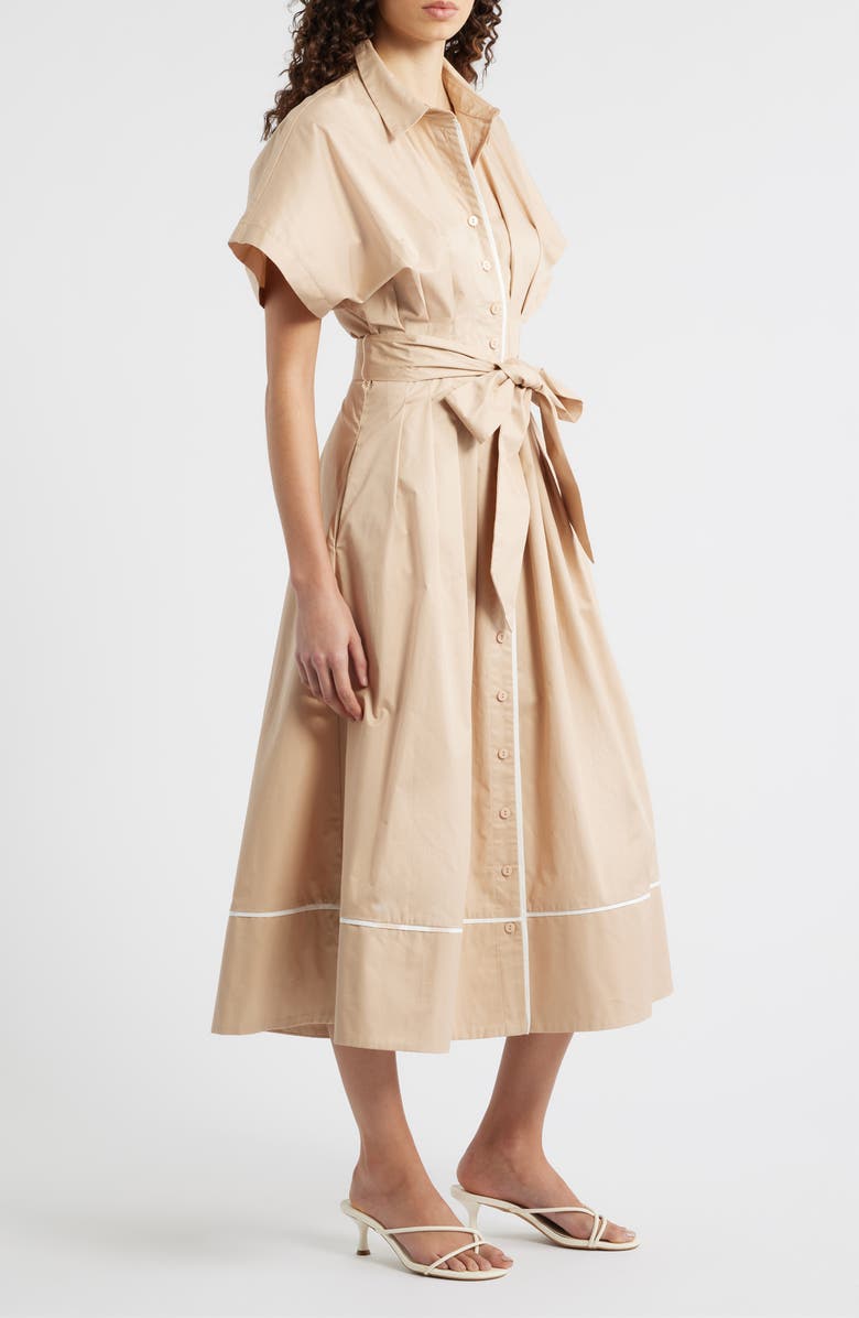 FREEMARKET Tie Waist Midi Shirtdress, Alternate, color, Khaki/ White