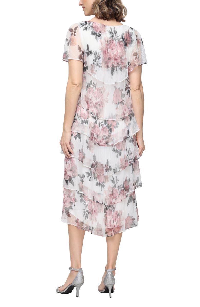 SL FASHIONS Tiered Floral Shimmer Midi Dress, Alternate, color, Ivory/ Pink