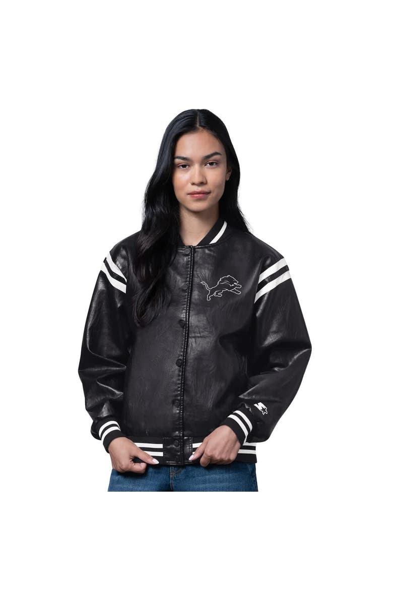 Women's Starter  Black Detroit Lions High Heat Vegan Leather Full-Snap Varsity Jacket, Main, color, Black