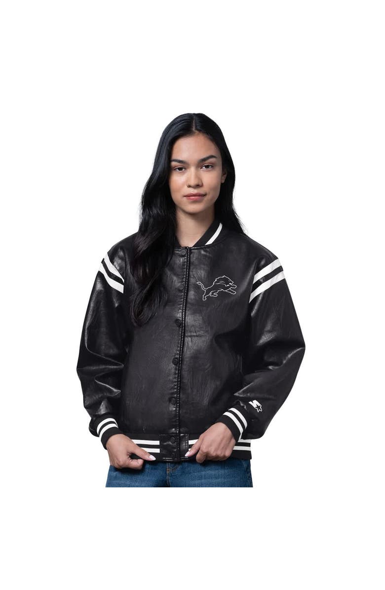 STARTER Women
s Starter Black Detroit Lions High Heat Vegan Leather Full-Snap Varsity Jacket, Main, color, Black